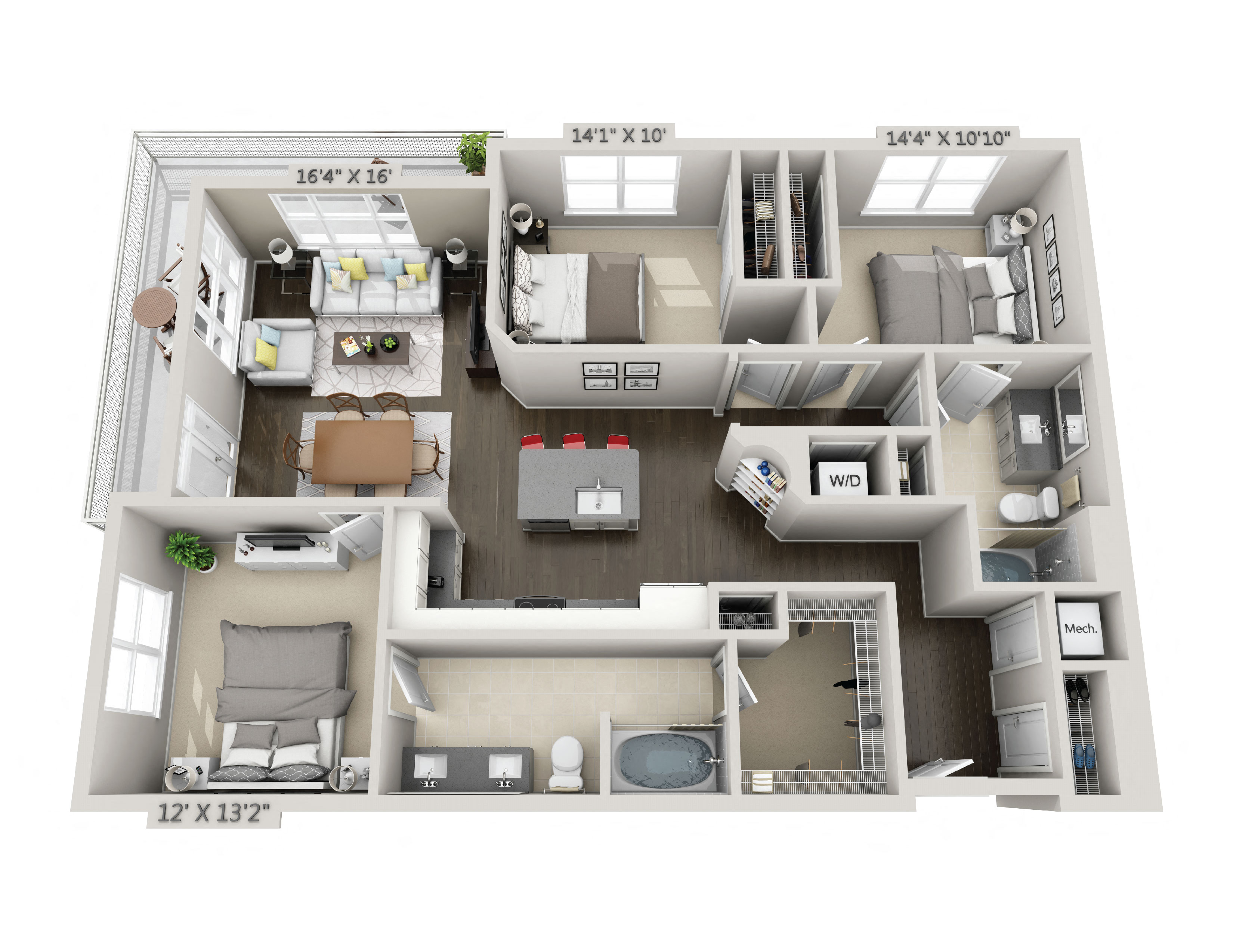 Floor plan for 3 beds, 2 baths, 1363 sqft